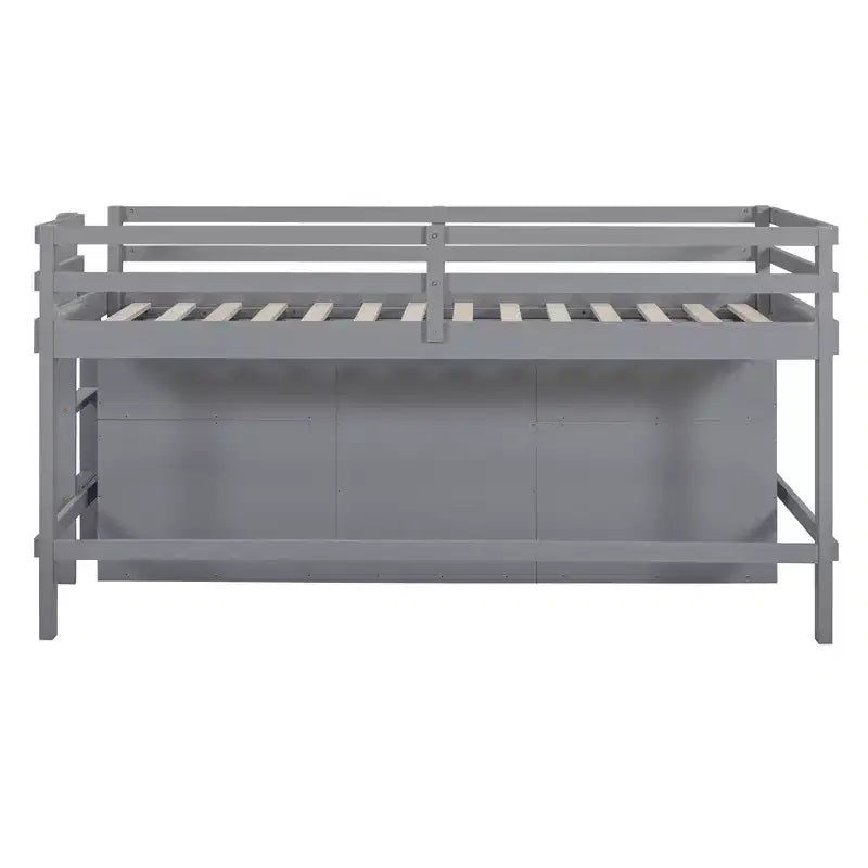 Letto a soppalco basso singolo per bambini con cassetti, armadio e mensole – Espresso / Grigio / Bianco
