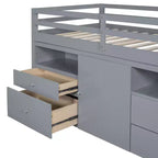 Letto a soppalco basso singolo per bambini con cassetti, armadio e mensole – Espresso / Grigio / Bianco
