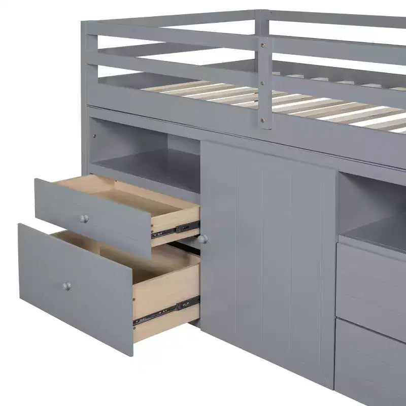 Letto a soppalco basso singolo per bambini con cassetti, armadio e mensole – Espresso / Grigio / Bianco