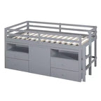 Letto a soppalco basso singolo per bambini con cassetti, armadio e mensole – Espresso / Grigio / Bianco