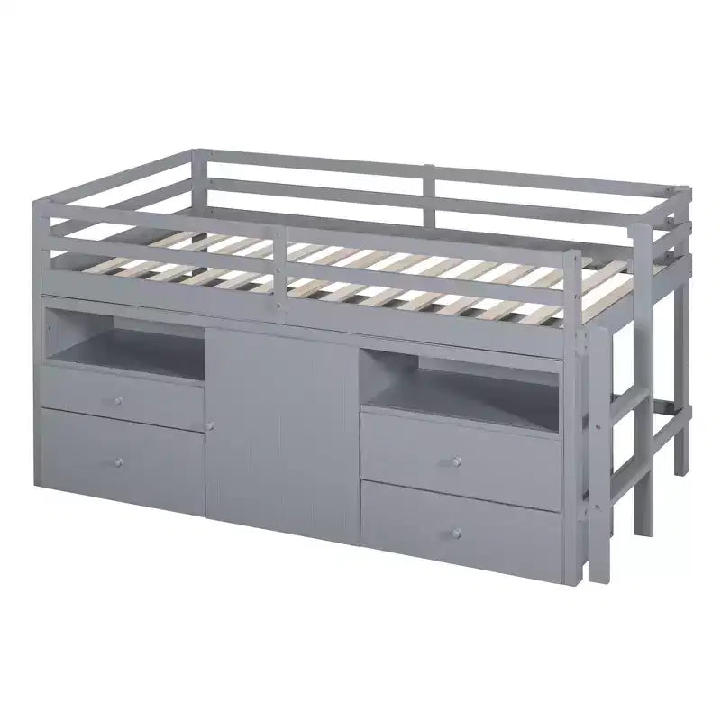 Letto a soppalco basso singolo per bambini con cassetti, armadio e mensole – Espresso / Grigio / Bianco