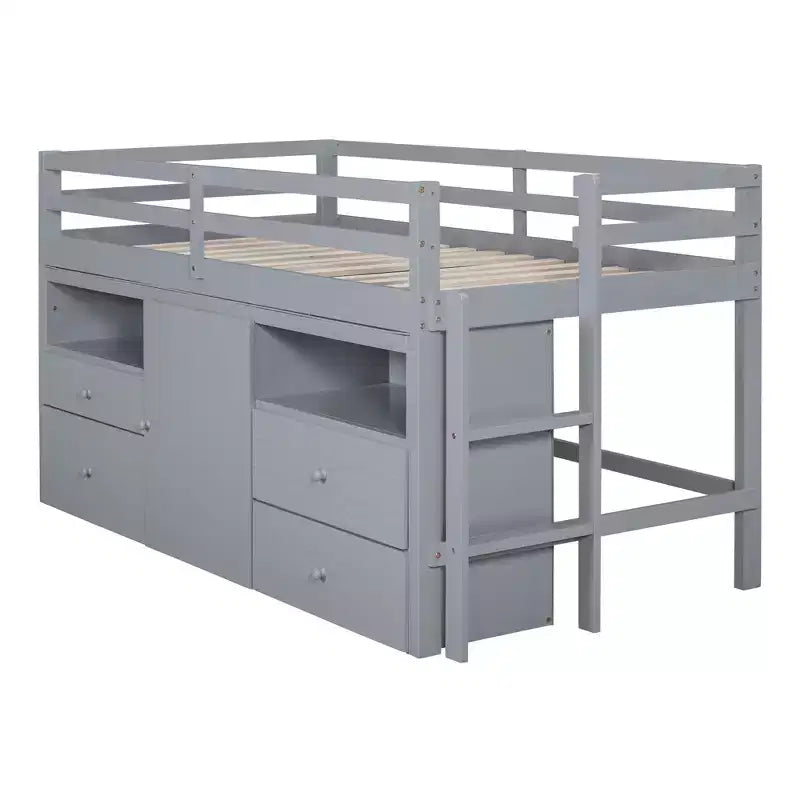 Letto a soppalco basso singolo per bambini con cassetti, armadio e mensole – Espresso / Grigio / Bianco