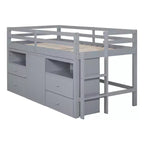 Letto a soppalco basso singolo per bambini con cassetti, armadio e mensole – Espresso / Grigio / Bianco