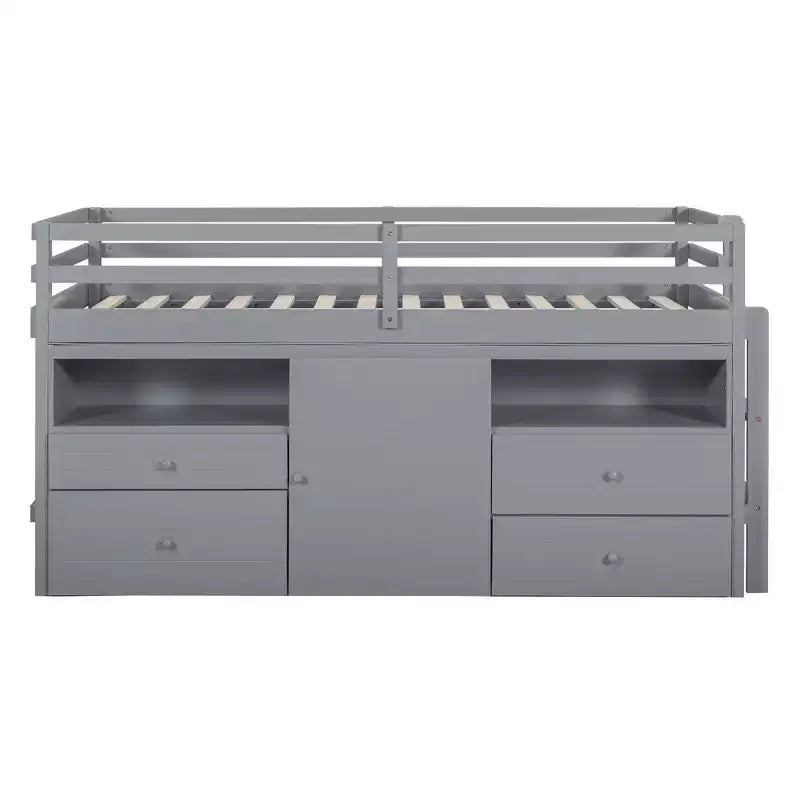 Letto a soppalco basso singolo per bambini con cassetti, armadio e mensole – Espresso / Grigio / Bianco