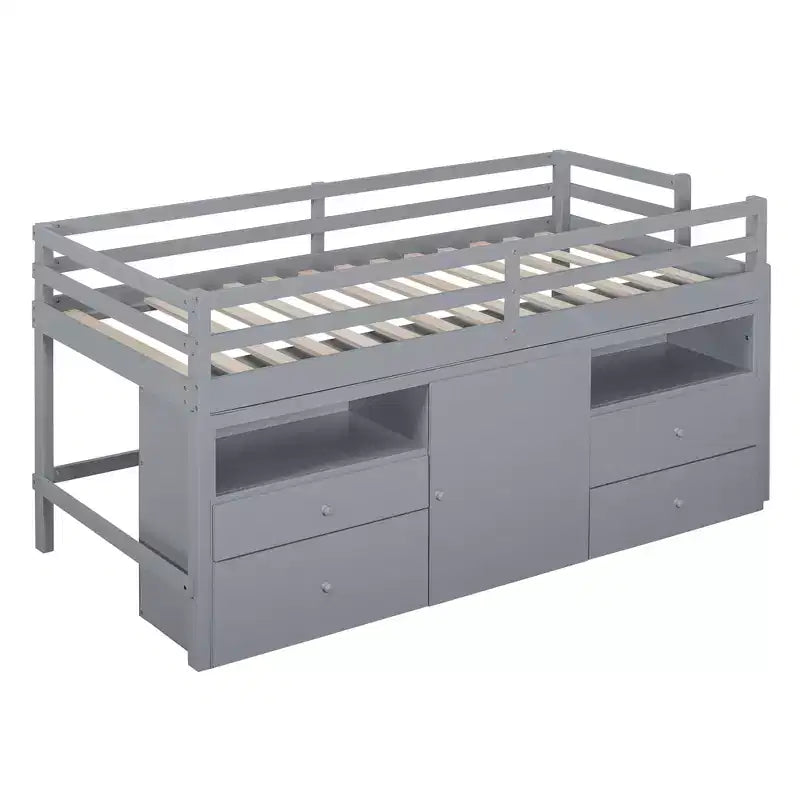 Letto a soppalco basso singolo per bambini con cassetti, armadio e mensole – Espresso / Grigio / Bianco