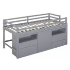 Letto a soppalco basso singolo per bambini con cassetti, armadio e mensole – Espresso / Grigio / Bianco