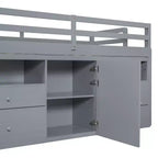 Letto a soppalco basso singolo per bambini con cassetti, armadio e mensole – Espresso / Grigio / Bianco