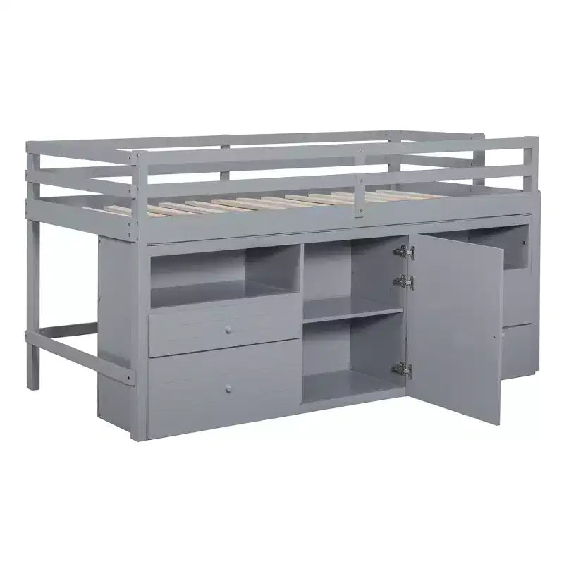 Letto a soppalco basso singolo per bambini con cassetti, armadio e mensole – Espresso / Grigio / Bianco