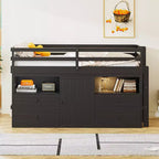 Letto a soppalco basso singolo per bambini con cassetti, armadio e mensole – Espresso / Grigio / Bianco