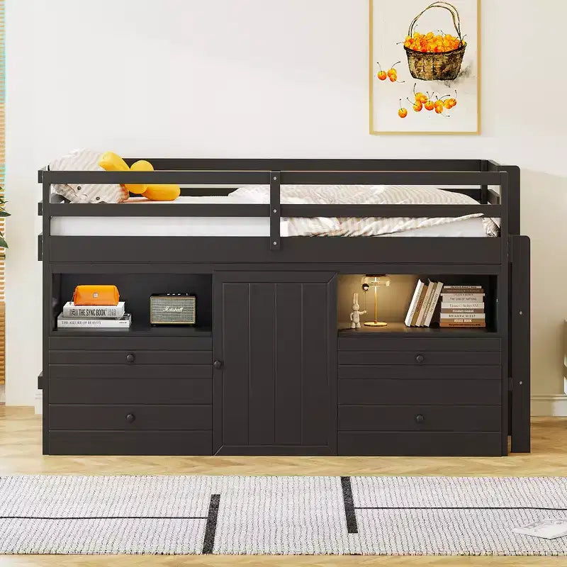 Letto a soppalco basso singolo per bambini con cassetti, armadio e mensole – Espresso / Grigio / Bianco