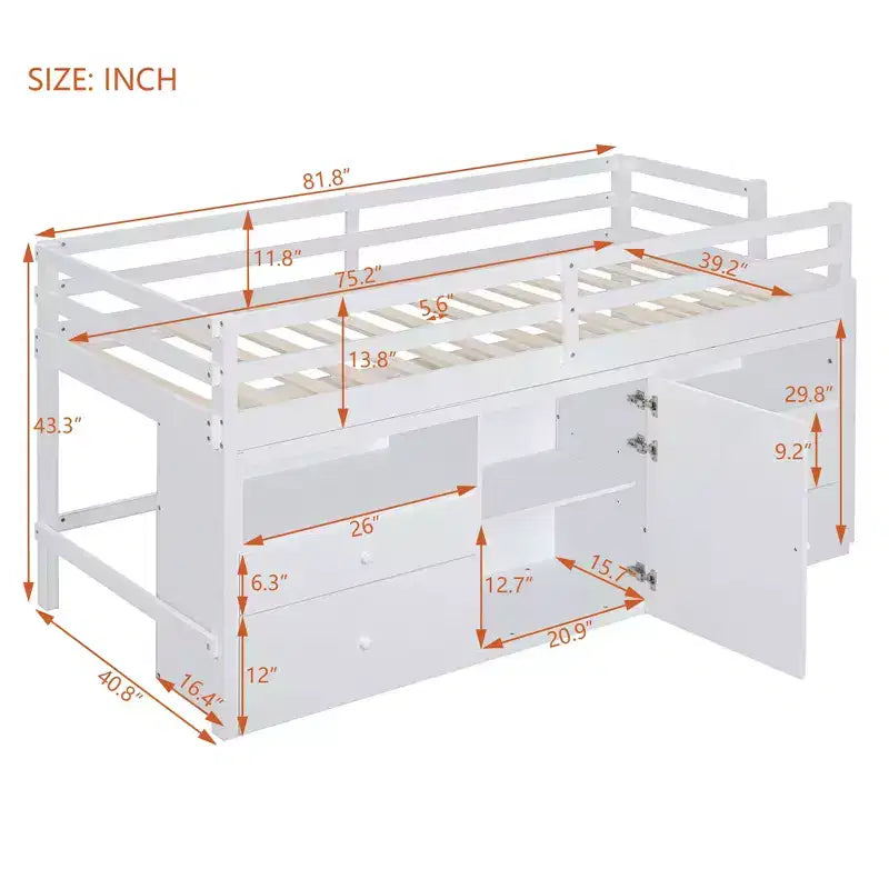 Letto a soppalco basso singolo per bambini con cassetti, armadio e mensole – Espresso / Grigio / Bianco
