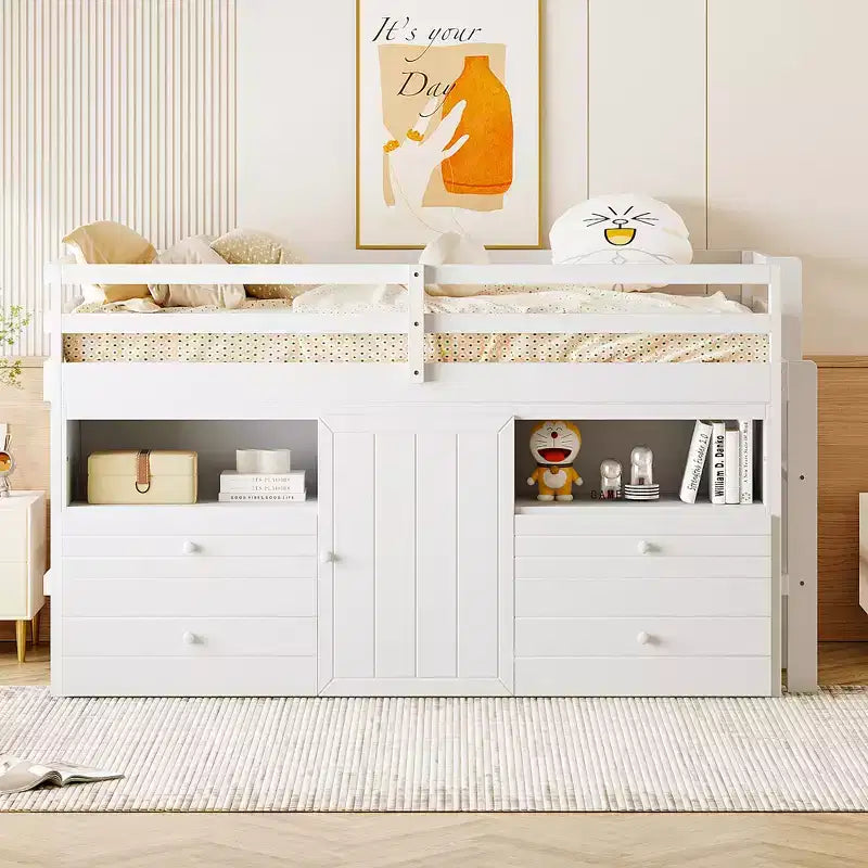 Letto a soppalco basso singolo per bambini con cassetti, armadio e mensole – Espresso / Grigio / Bianco