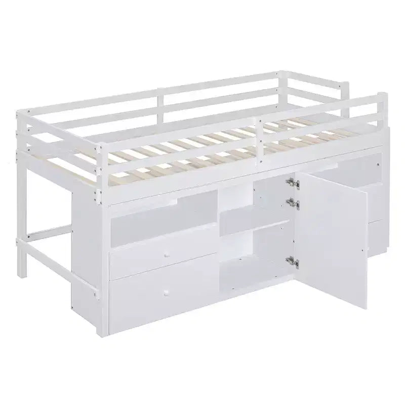 Letto a soppalco basso singolo per bambini con cassetti, armadio e mensole – Espresso / Grigio / Bianco