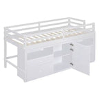 Letto a soppalco basso singolo per bambini con cassetti, armadio e mensole – Espresso / Grigio / Bianco
