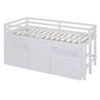 Letto a soppalco basso singolo per bambini con cassetti, armadio e mensole – Espresso / Grigio / Bianco