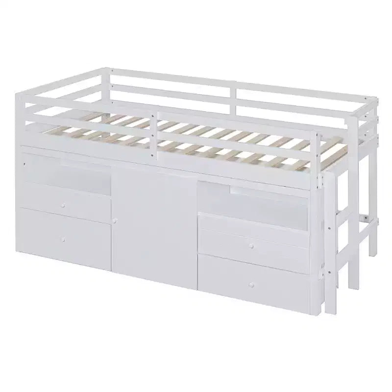Letto a soppalco basso singolo per bambini con cassetti, armadio e mensole – Espresso / Grigio / Bianco