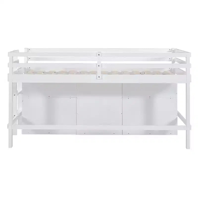 Letto a soppalco basso singolo per bambini con cassetti, armadio e mensole – Espresso / Grigio / Bianco