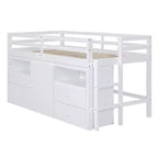Letto a soppalco basso singolo per bambini con cassetti, armadio e mensole – Espresso / Grigio / Bianco