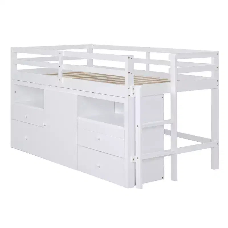 Letto a soppalco basso singolo per bambini con cassetti, armadio e mensole – Espresso / Grigio / Bianco