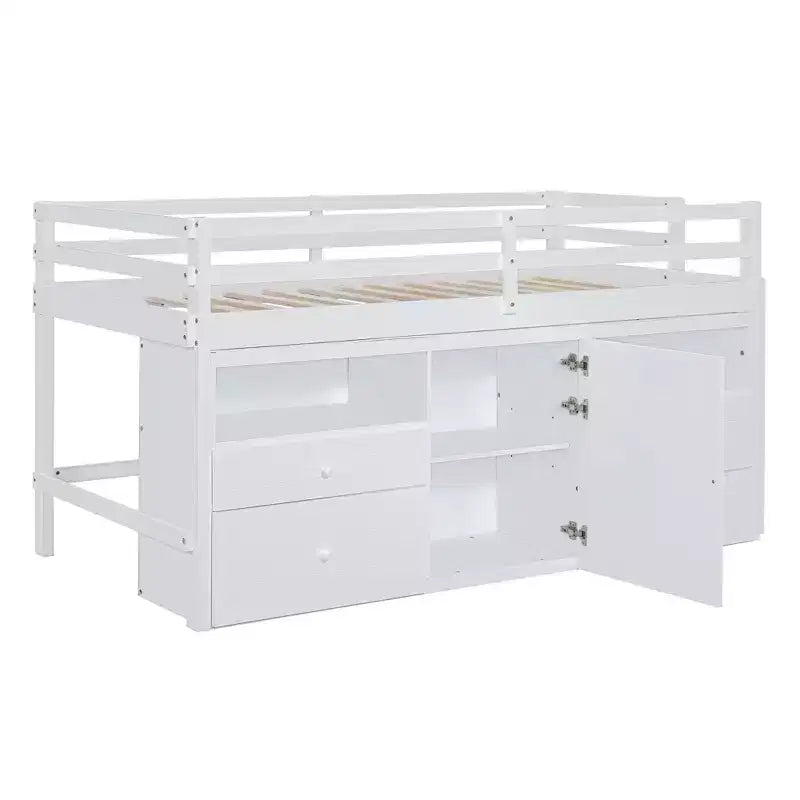 Letto a soppalco basso singolo per bambini con cassetti, armadio e mensole – Espresso / Grigio / Bianco