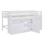 Letto a soppalco basso singolo per bambini con cassetti, armadio e mensole – Espresso / Grigio / Bianco