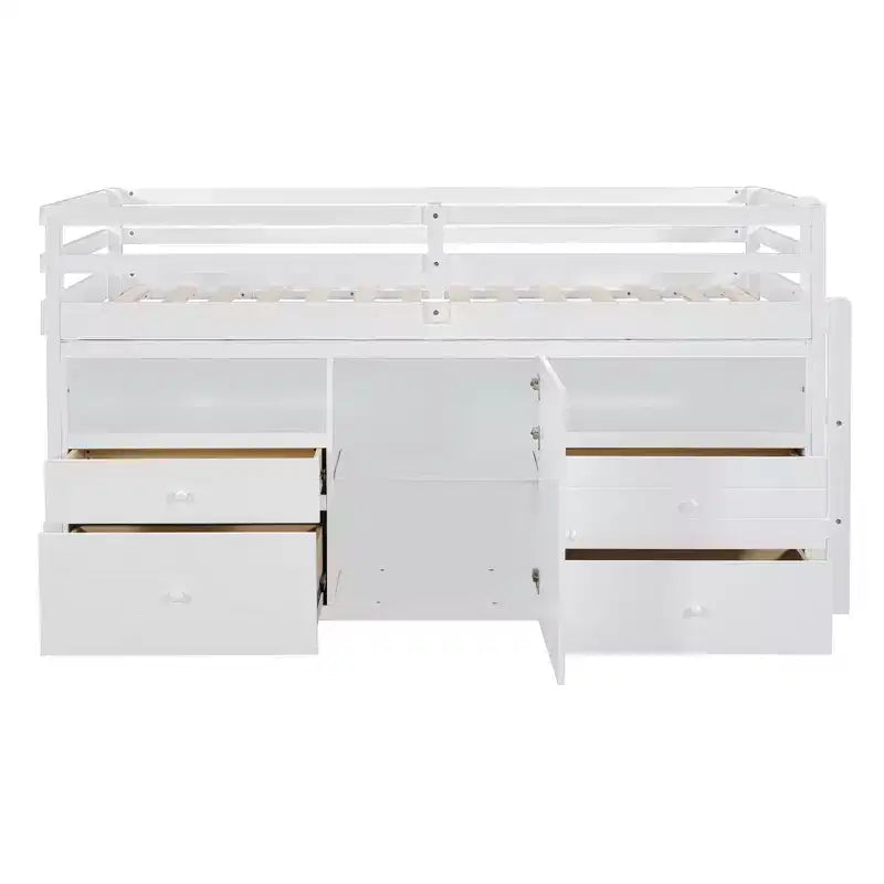 Letto a soppalco basso singolo per bambini con cassetti, armadio e mensole – Espresso / Grigio / Bianco