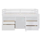 Letto a soppalco basso singolo per bambini con cassetti, armadio e mensole – Espresso / Grigio / Bianco
