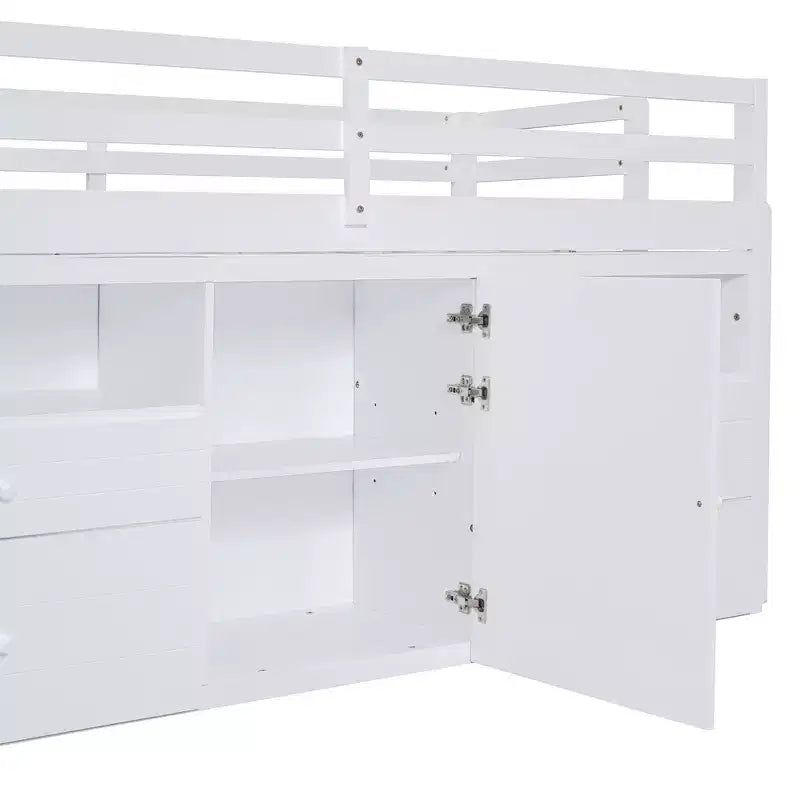 Letto a soppalco basso singolo per bambini con cassetti, armadio e mensole – Espresso / Grigio / Bianco