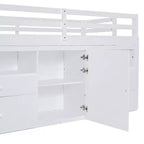 Letto a soppalco basso singolo per bambini con cassetti, armadio e mensole – Espresso / Grigio / Bianco
