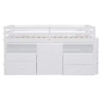 Letto a soppalco basso singolo per bambini con cassetti, armadio e mensole – Espresso / Grigio / Bianco