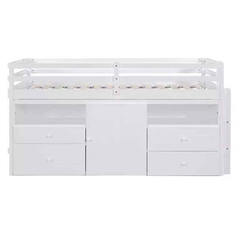 Letto a soppalco basso singolo per bambini con cassetti, armadio e mensole – Espresso / Grigio / Bianco