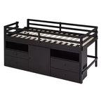 Letto a soppalco basso singolo per bambini con cassetti, armadio e mensole – Espresso / Grigio / Bianco