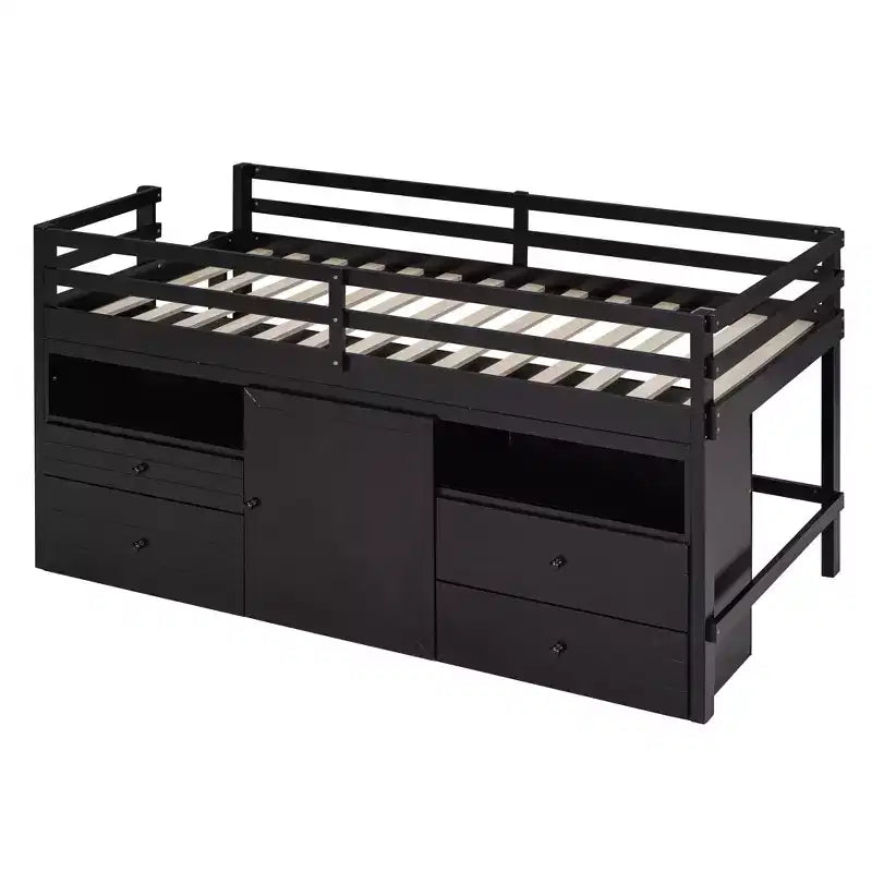 Letto a soppalco basso singolo per bambini con cassetti, armadio e mensole – Espresso / Grigio / Bianco