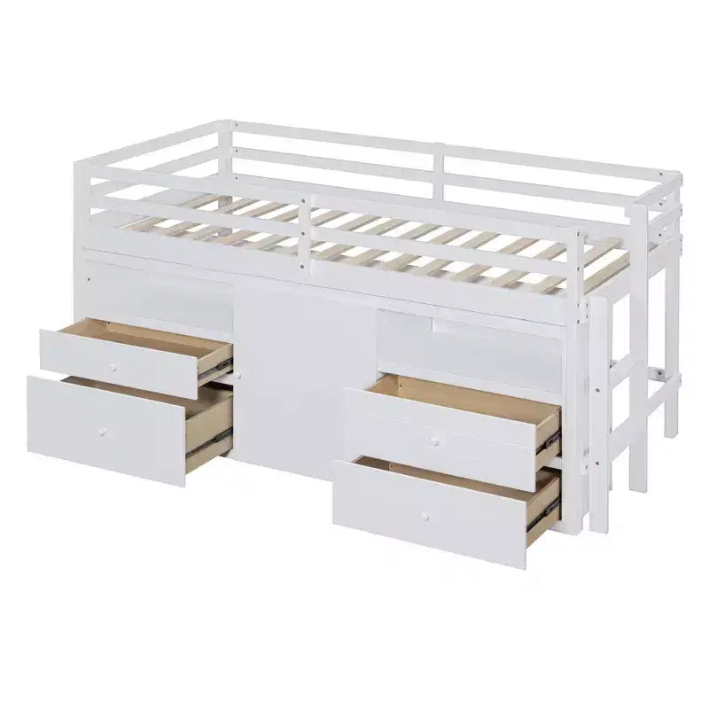 Letto a soppalco basso singolo per bambini con cassetti, armadio e mensole – Espresso / Grigio / Bianco