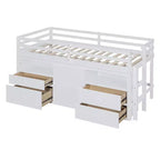 Letto a soppalco basso singolo per bambini con cassetti, armadio e mensole – Espresso / Grigio / Bianco