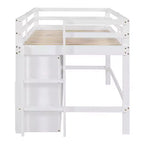 Letto a soppalco basso singolo per bambini con cassetti, armadio e mensole – Espresso / Grigio / Bianco