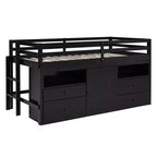 Letto a soppalco basso singolo per bambini con cassetti, armadio e mensole – Espresso / Grigio / Bianco