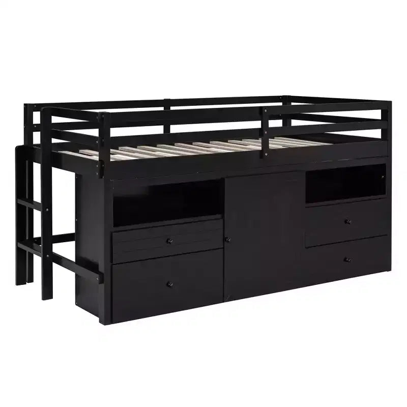 Letto a soppalco basso singolo per bambini con cassetti, armadio e mensole – Espresso / Grigio / Bianco