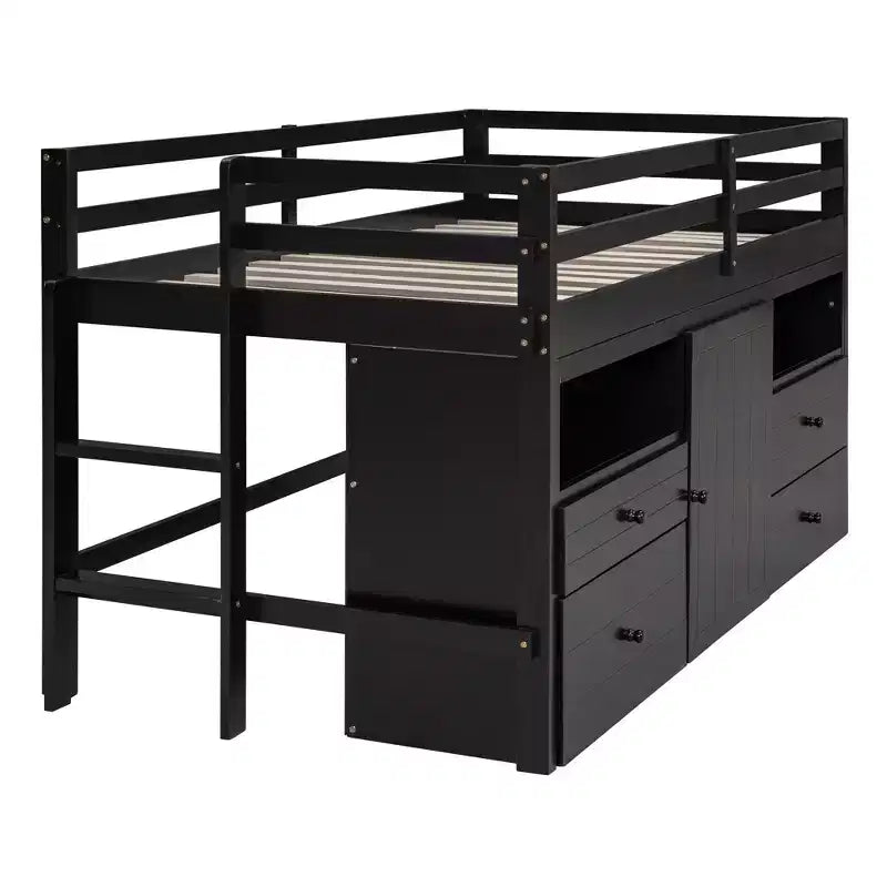 Letto a soppalco basso singolo per bambini con cassetti, armadio e mensole – Espresso / Grigio / Bianco