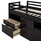 Letto a soppalco basso singolo per bambini con cassetti, armadio e mensole – Espresso / Grigio / Bianco