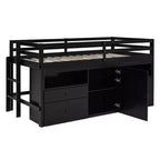 Letto a soppalco basso singolo per bambini con cassetti, armadio e mensole – Espresso / Grigio / Bianco