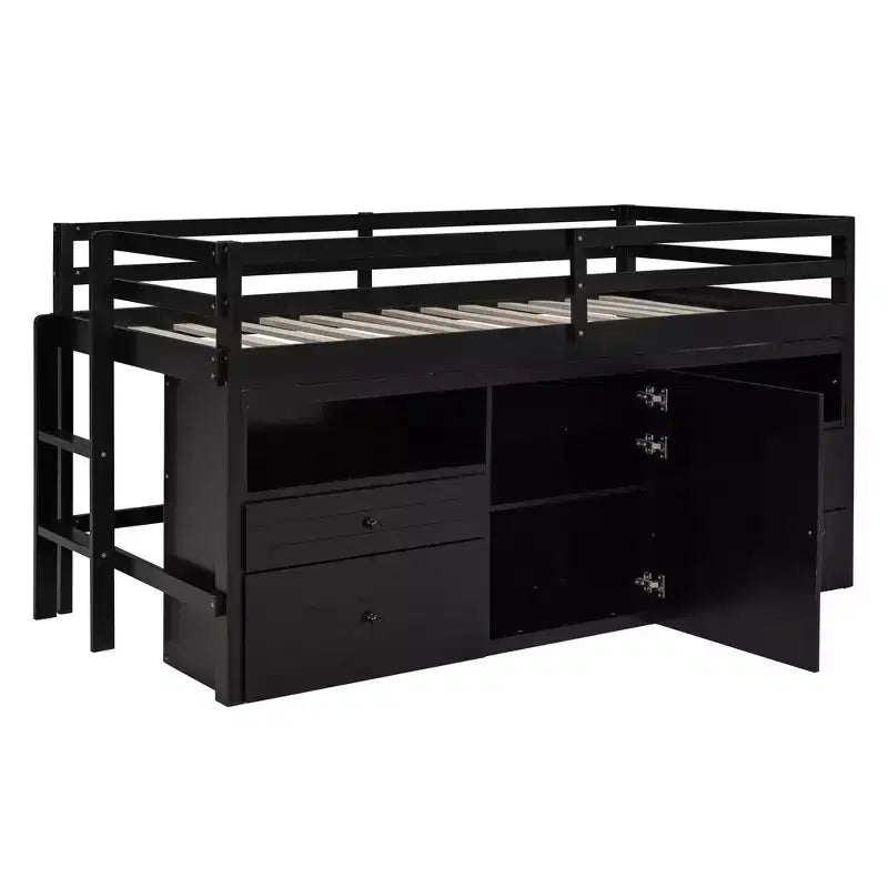 Letto a soppalco basso singolo per bambini con cassetti, armadio e mensole – Espresso / Grigio / Bianco