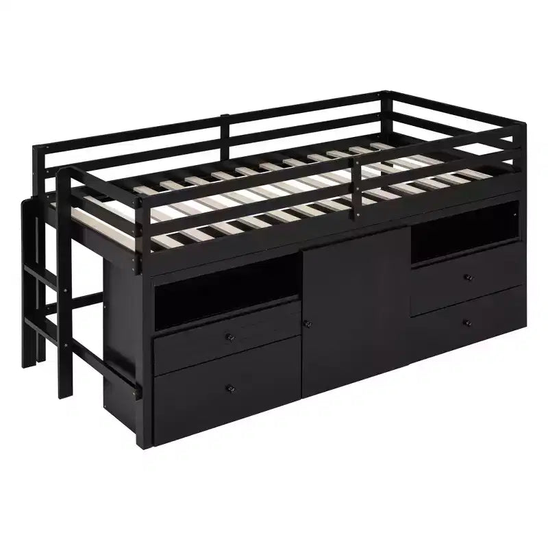 Letto a soppalco basso singolo per bambini con cassetti, armadio e mensole – Espresso / Grigio / Bianco