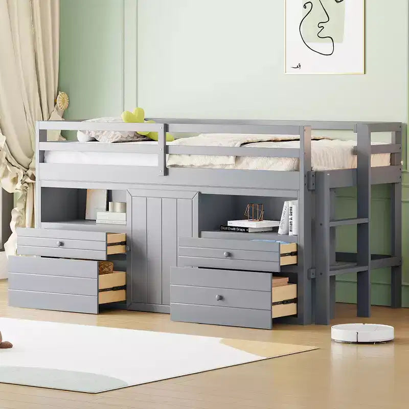 Letto a soppalco basso singolo per bambini con cassetti, armadio e mensole – Espresso / Grigio / Bianco