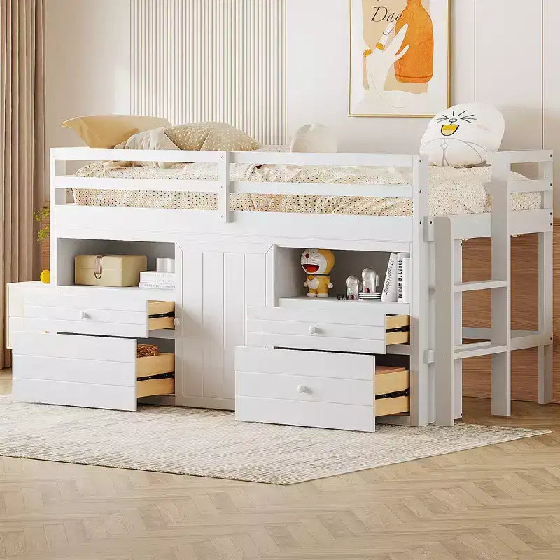 Letto a soppalco basso singolo per bambini con cassetti, armadio e mensole – Espresso / Grigio / Bianco
