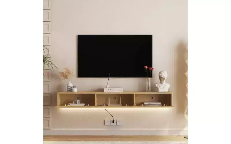 Mobile TV sospeso in legno marrone, montaggio a parete, LED 16 colori, 1–2 persone, per TV 55–65", 174,7 cm