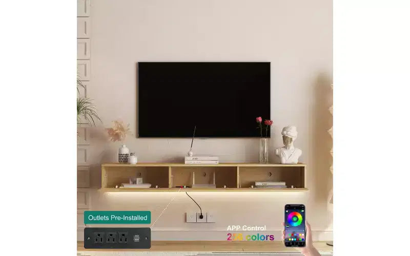 Mobile TV sospeso in legno marrone, montaggio a parete, LED 16 colori, 1–2 persone, per TV 55–65", 174,7 cm