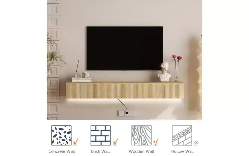 Mobile TV sospeso in legno marrone, montaggio a parete, LED 16 colori, 1–2 persone, per TV 55–65", 174,7 cm