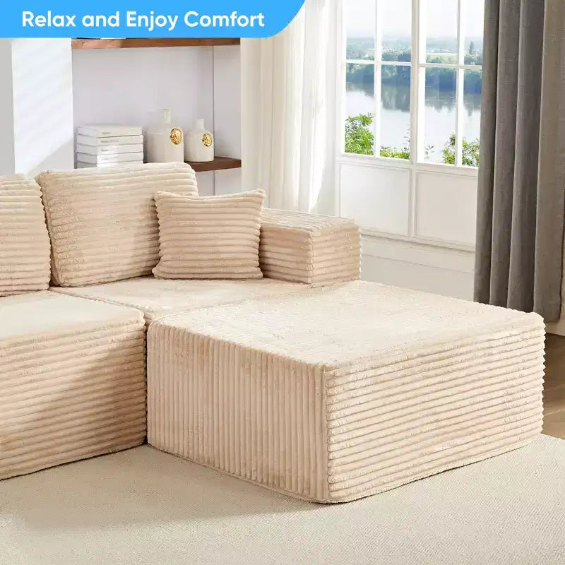 Divano Sezionale a U in Velluto a Coste con Pouf, 8 Posti, Beige/Nero/Grigio Chiaro