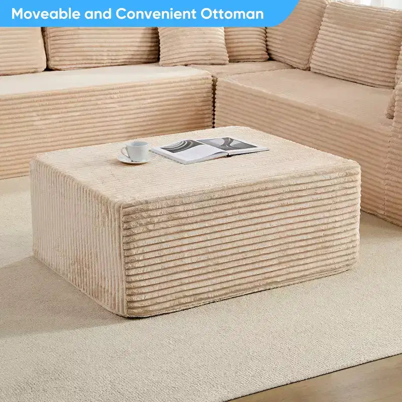 Divano Sezionale a U in Velluto a Coste con Pouf, 8 Posti, Beige/Nero/Grigio Chiaro